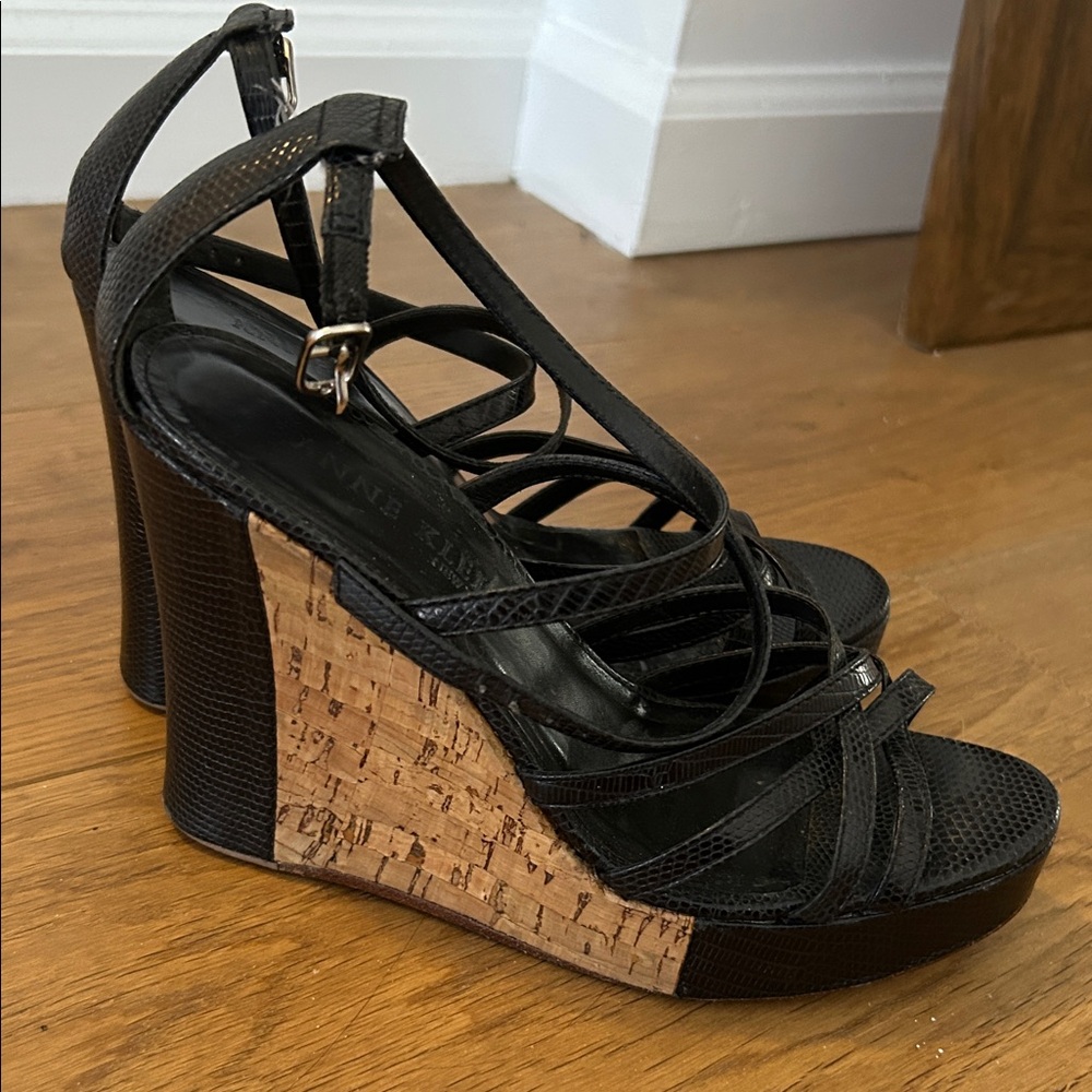 Anne Klein Strappy Black and Tan Wedges